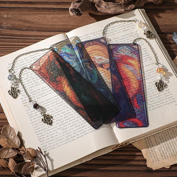 Fantasy Dragon Bookmark Gifts - 4 Pcs Cool Stained Glass Bookmarks for Men Novles Book Lovers Tassels Beaded Page Marks Books Merch Reading Accessories Bookish Gift for Birthday Back to School