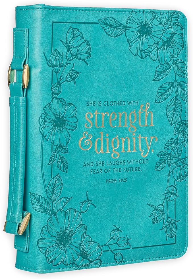 Christian Art Gifts Women's Fashion Bible Cover Strength and Dignity Proverbs 31:25, Teal Faux Leather, Medium