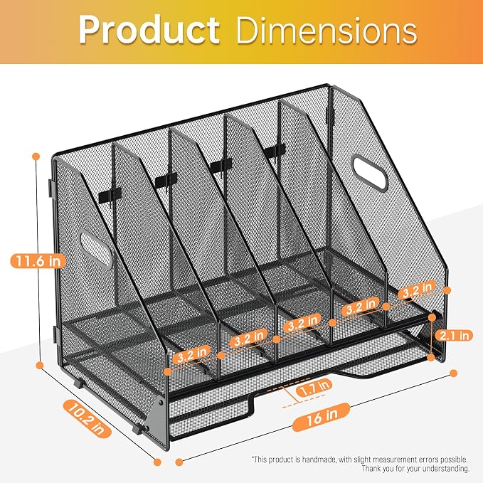 Docnest Desk File Holder Sorter, 5 Vertical Compartments Rack with Letter Tray, Mesh Magazine File Holder with Handle,Workspace Organizers,Desk Organizers for Paper, Mail, Documents-Black