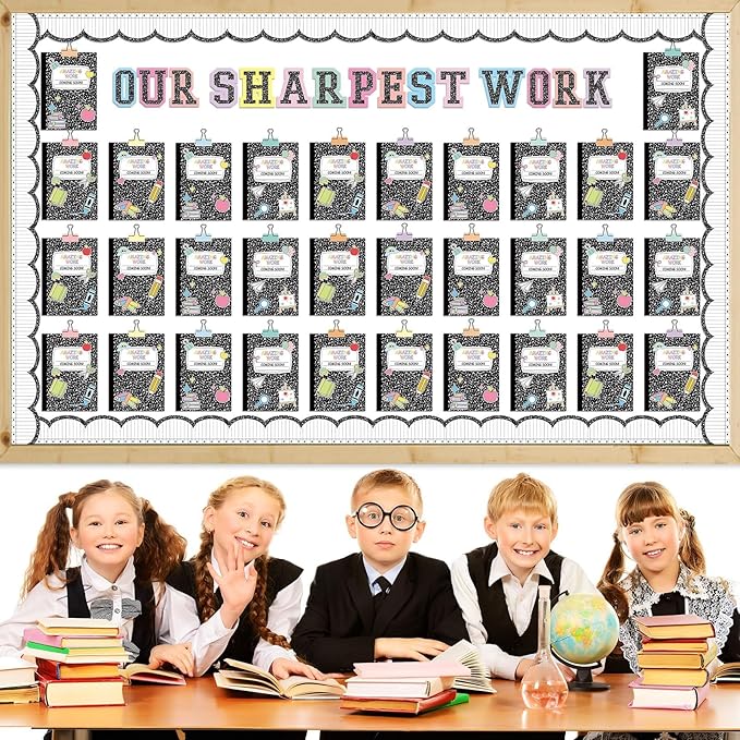 Wiooffen 154 Pcs Student Work Display Bulletin Board Set Cutouts with Clips Names Display Inspirational Student Works Classroom Wall Decor for Teachers Back to School Supplies Composition Notebook