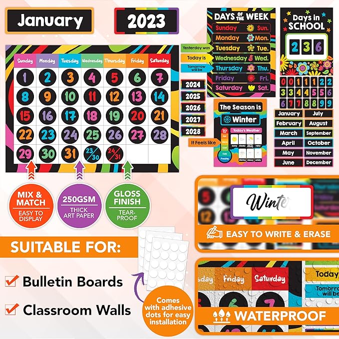 Decorably 143 Pcs Cutouts Inspirational Chalkboard Vibrant Classroom Calendar Set Bulletin Board with Borders - Gloss-Laminated Cardstock for School Hallways, Study Room