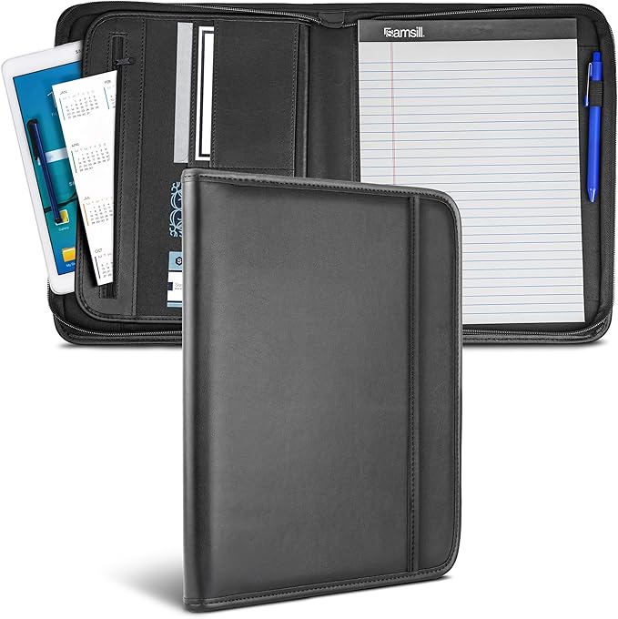 Samsill Professional Padfolio with Secure Zippered Closure, 10.1 Inch Tablet Sleeve, and 8.5 by 11 Inch Notepad, Black, Full Size (70820)