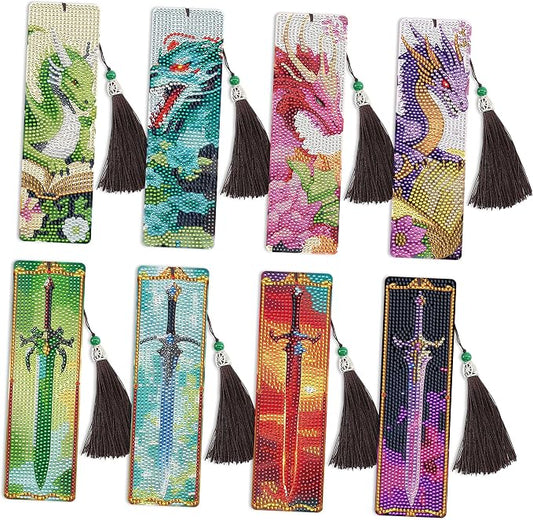 8 Pcs Dragon Sword Diamond Art Bookmarks Kit, Fantasy Diamond Painting Book Marks Kit with Tassels for Adults Beginners, DIY Bookmark Making Kit for Reading Men Boys Boook Lovers, Bookish Gifts