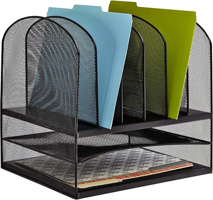 Safco Onyx Desk Organizer, 6 Vertical Compartments and 2 Trays, Office and Classroom Mailbox , Paper and Mail Sorter, Steel Mesh, Black