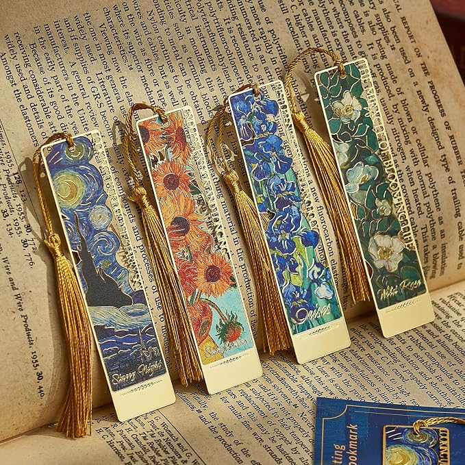 4 PCS Metal Bookmark with Tassel, Van Gogh Art Book Marks for Reading Women & Men,Book Lover Gifts for Teacher, Writers, Readers