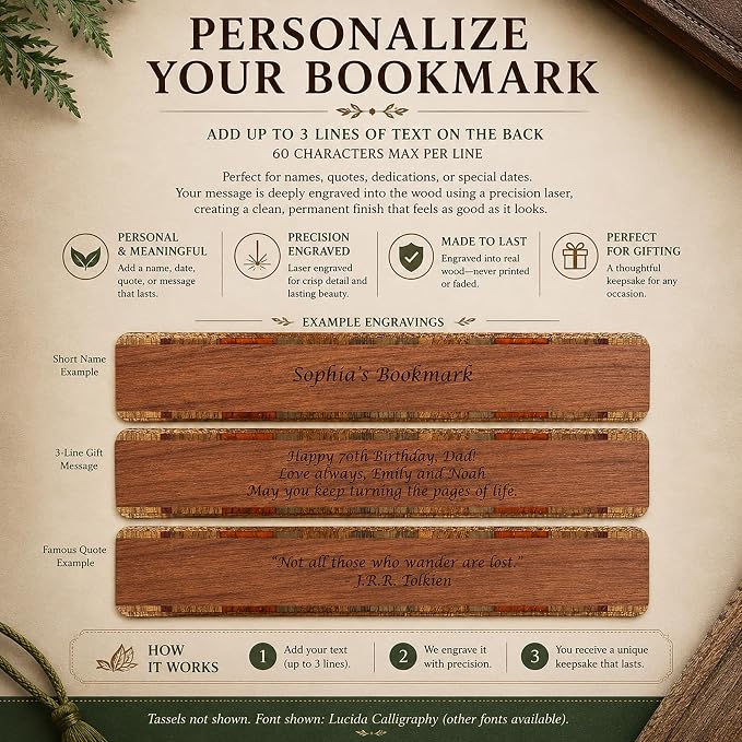 Elegant Personalized Wooden Bookmark | Custom Engraved Ornate Victorian Scrollwork Artwork | Decorative Reading Gift for Book Lovers and Readers | Made in the USA