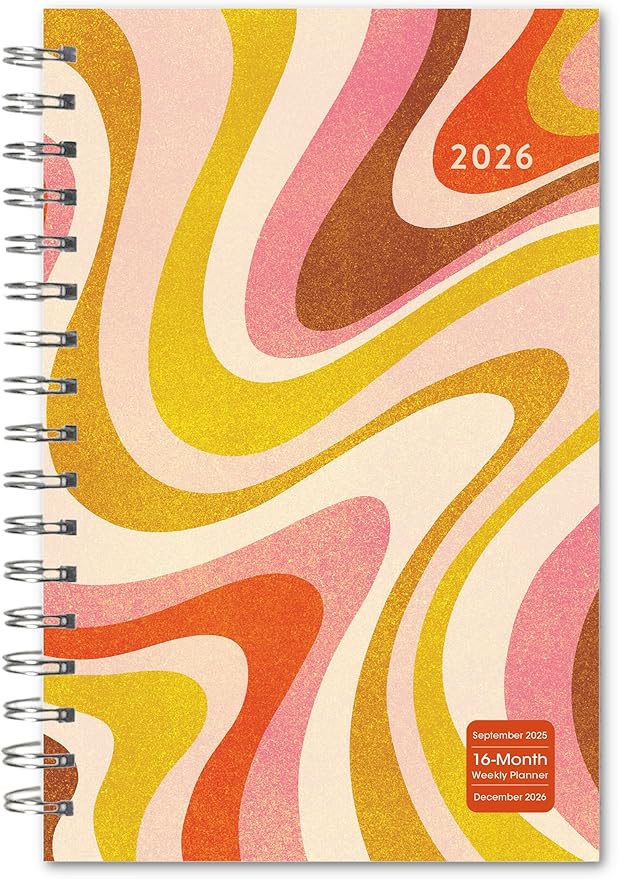 2026 Planner, Weekly & Monthly Planner, Retro 70s Psychedelic Abstract Design, 12-Month Engagement Calendar: 2026, 6" x 9", Groovy Swirls