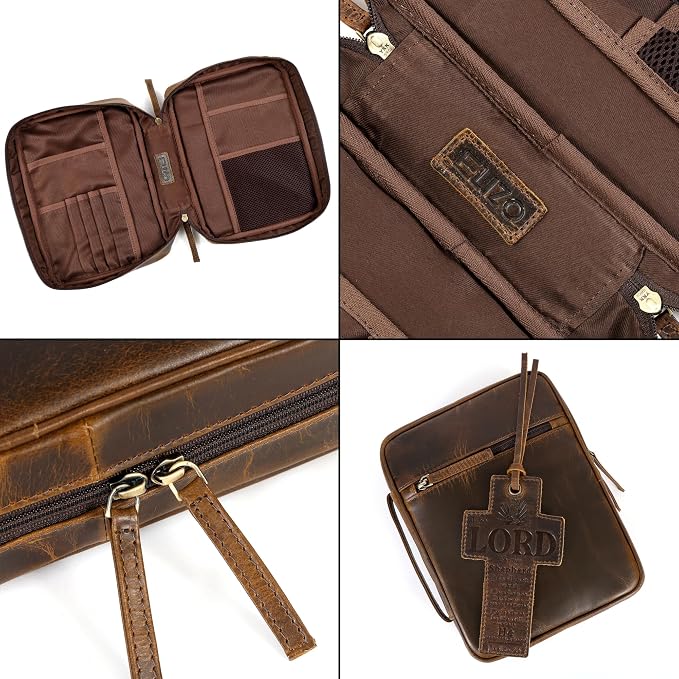 ELIZO Leather Bible Cover for Men Bible Case for Women Zippered Holder Protector Cross Church Tote Bag Carrying Organizer Sleeve Gift Study Antique