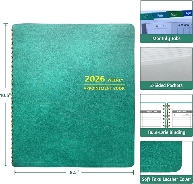 2026 Appointment Book - January - December 2026, Appointment Planner with Weekly ＆ Monthly Spread, 8.5'' x 10.5'', Large, 15 Minute Increments, 2026 Daily Planner with Pockets, Tabs, Soft Cover, Green