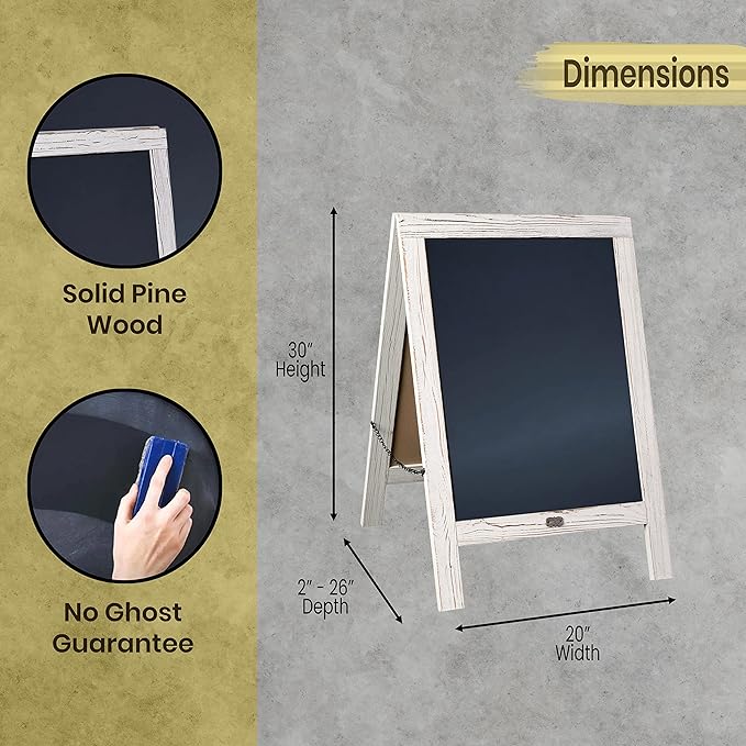 A Frame Chalkboard by HBCY Creations: 20x30 Solid Wood A-Frame Sign Whitewashed Double-Sided Magnetic Board, Chalkboard Menu Board, for Restaurants, Cafés, Weddings - Heavy Duty Hinges