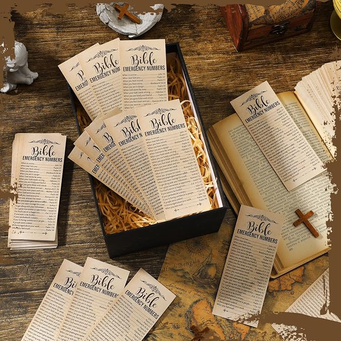 Motiskyy 100 Pcs Christian Bible Verse Emergency Numbers Bookmark Fathers Day Bookmark Religious Church Gift 2.36 x 6'' Catholic Books of The Bible Card for Women Men Sunday School (Brown)