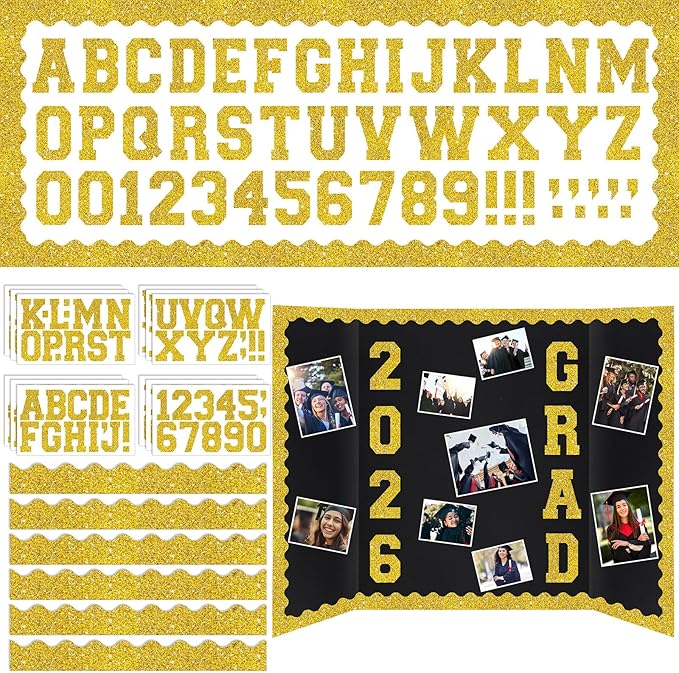 Gold 175 Pcs Graduation Photo Display Board Sticker Glitter Border Trim Alphabet Letter Number for 2026 Grad Party Trifold Poster Photo Display Science Fairs Event Displays Bulletin Board