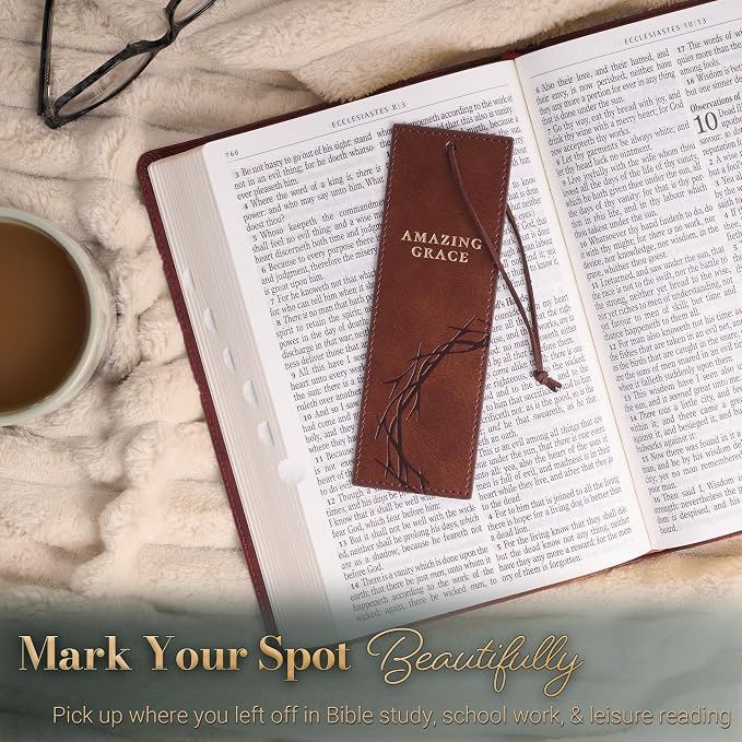 Christian Art Gifts Premium Vegan Leather Inspirational Scripture Bookmark for Men & Women: Amazing Grace, Crown of Thorns Design, Motivating Scripture, Durable Cord, Reading Accessory, Brown & Gold