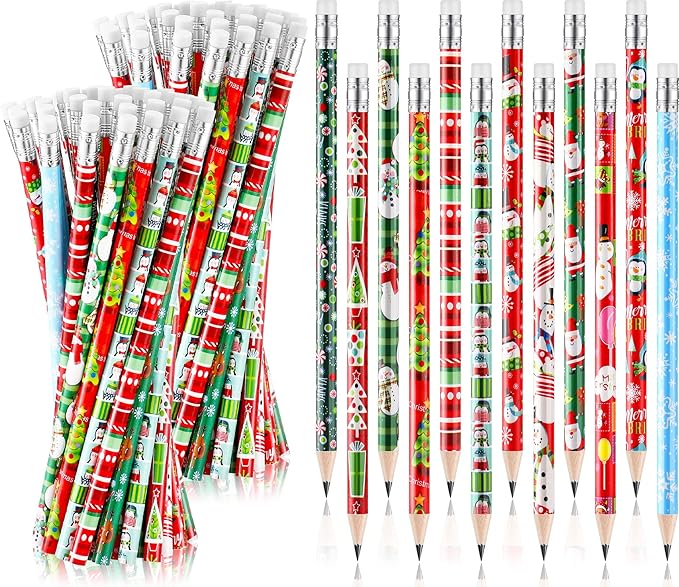 Yexiya 192 Pcs Christmas Pencils for Kids Bulk Colorful Holiday Wood Pencils with Erasers Xmas Snowman Santa Elk Christmas Classroom Gifts for Goodie Bags Office School, 12 Styles