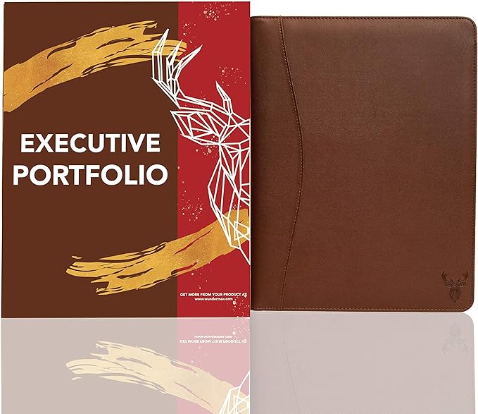 Wundermax Portfolio Binder - 12.8 x 9.8 x 0.6 Inch Vegan Leather Padfolio for Women and Men w/Notepad, Pockets for Tablet, Resume and Documents - Brown