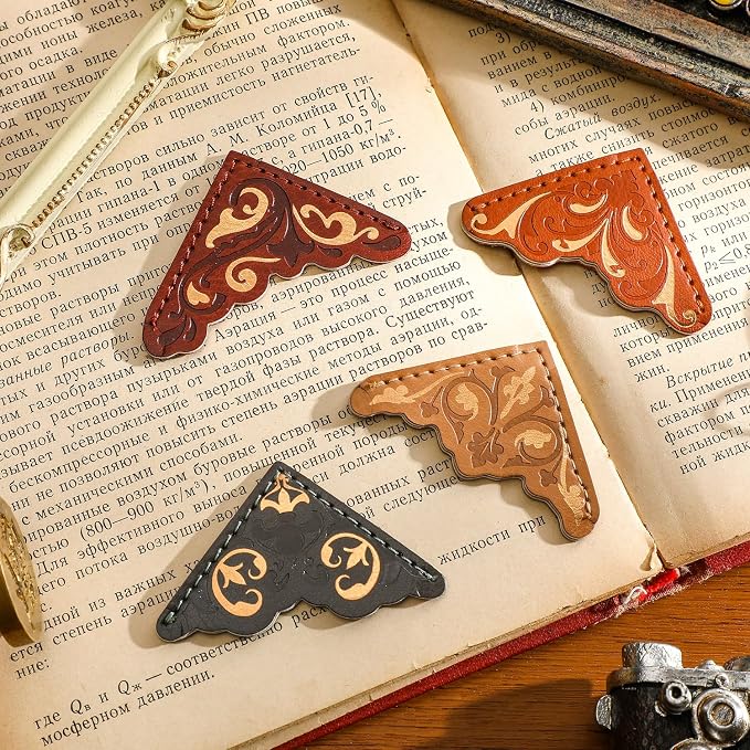 4 PCS Vintage Leather Bookmarks, Elegant Gold Stamped Corner Bookmark Retro Pattern Book Mark Book Accessories Gifts for Book Lovers Women Girls