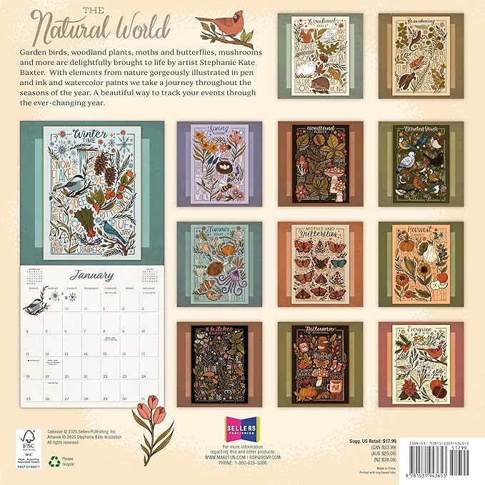 The Natural World 2026 Wall Calendar, 16-Month Nature Art Calendar by Stephanie Kate Baxter, 12" x 12", 2026 Wall Planner and Organizer with Large Grids, Botanical Illustrations