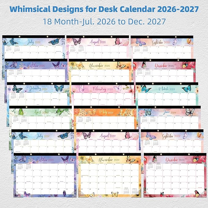 ZTX Desk Calendar 2026-2027,18 Month Academic Desk Calendars,17"x12" Jul.2026-Dec.2027 Calendar with Clear Plastic Cover for Teacher School Year Home Butterfly
