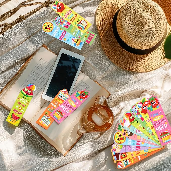 Eersida 90 Pieces Summer Scented Bookmarks Fruit Food Theme Sayings Bookmarks Sayings Assorted Cute Scented Gifts for Learning Reading Rewards Food Lovers, 10 Styles