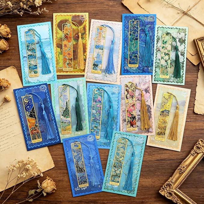 Esoes 12-Pack Metal Bookmarks with Tassels, Golden Hollow-Out Oil Painting Theme Bookmarks | Book Markers for Reading, Gifts for Book Lovers, Writers, Readers, Adults, Women
