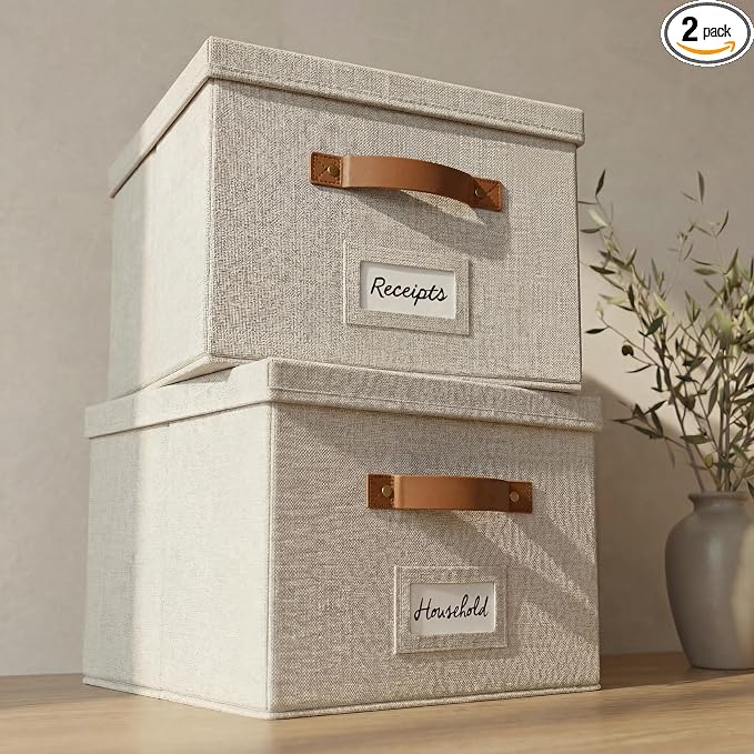 Decorative File Organizer Box Set of 2 - Collapsible Linen Filing Cabinets with Handles Are Perfect to Store All Your Documents & Hanging File Folders - Portable Easy Slide Office Crates with Lid