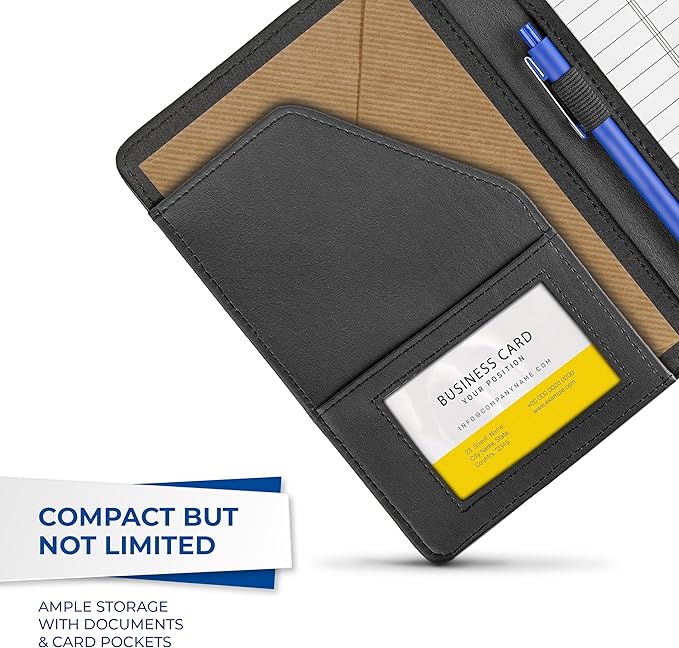 Samsill Contrast Stitch Faux-Leather Portfolio, Mini Size Business Interview Professional Padfolio, Includes 5 x 8 Inch Writing Pad, Black