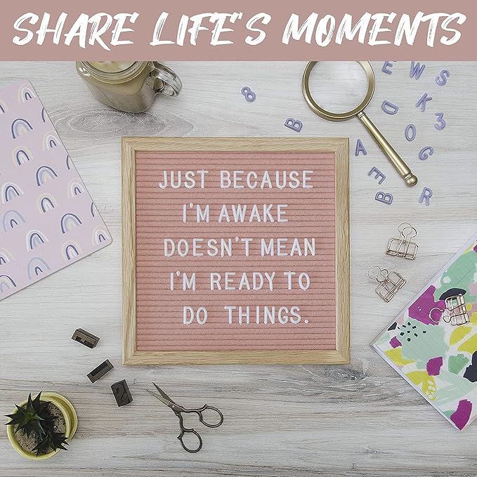Felt Like Sharing Square Letter Board (Light Pink Felt - 10”x10”) – Changeable Message Board with 3 Sets of Felt Board Letters for Home, Office, & Aesthetic Room Decor – Wall Letterboard Signs In Oak Frame