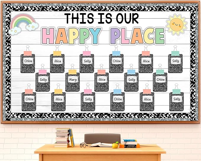 Composition Bulletin Board Decorations Set Welcome Back to School Classroom Decoration This is Our Happy Place Bulletin Board Rainbow Paper Cutouts for School Classroom Chalkboard Wall Decor Supplies
