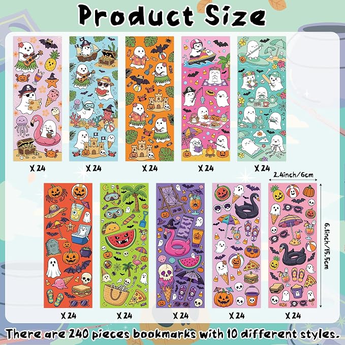 Summer Halloween Ghost Bookmarks Bulk - 240pcs Spooky Gothic Book Marks, Cute Cartoon Ice Cream Watermelon Double-Sided Tracker Bookmark Bookish Items for Book Club Lovers Reading Gifts