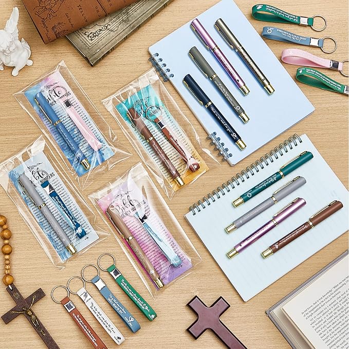 Feifeiya 25 Sets Father's Day Christian Church Gifts Bulk Bible Verse Plastic Gel Pen Religious Silicone Keychains Scripture Bookmarks for Men Women Empowerment Sunday Study Group Gifts(Colorful)