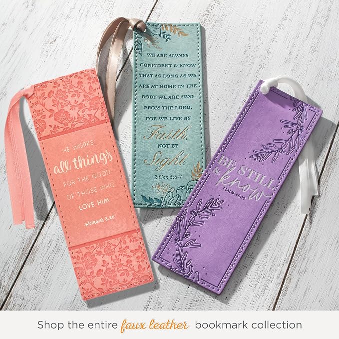 Christian Art Gifts Premium Vegan Leather Scripture Bookmark for Women: He Works All Things - Roman 8:28 Inspirational Bible Verse Heat-Debossed Reading Book Accessory with Ribbon Tassel, Peach Floral