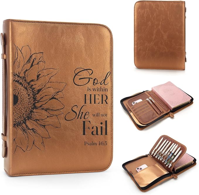 GUEER Bible Cover for Men, Bible Holder, Bible Cover Carrier Carrying Organizer Bag, Zipper and Pockets for Standard Size Bible, Gift for Men (NoLeather Flower)