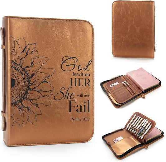 GUEER Bible Cover for Men, Bible Holder, Bible Cover Carrier Carrying Organizer Bag, Zipper and Pockets for Standard Size Bible, Gift for Men (NoLeather Flower)