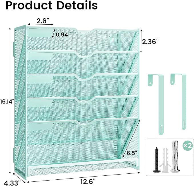 Hanging Wall File Organizer, 6-Tier Mint Green Desk Organizer with Metal Mesh, Foldable Document Organizer for Office Desk, Wall Mount Magazine Rack for Mail/Books/Tablet