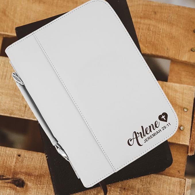 Personalized Bible Cover Holder Case with Carrying Handle for Men and Women (White)
