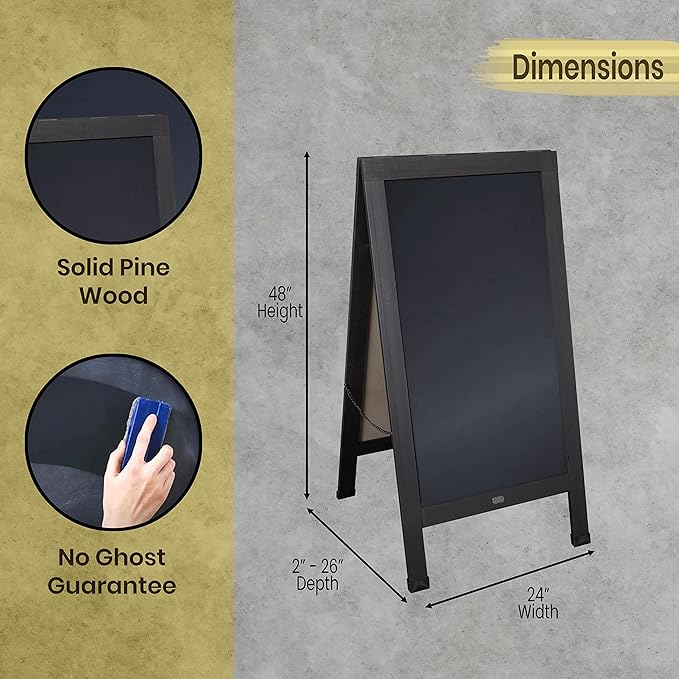A Frame Chalkboard by HBCY Creations: 24x48 Solid Wood A-Frame Sign Black Double-Sided Magnetic Board, Chalkboard Menu Board, for Restaurants, Cafés, Weddings - Heavy Duty Hinges