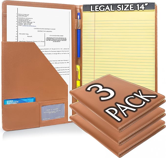 Legal Size Padfolio, 8.5 x 14 Inch Portfolio Folder for Legal Pad, Professional Padfolio for Job Interviews, Business Meetings, and Attorneys (Saddle Tan) (3 Pack)
