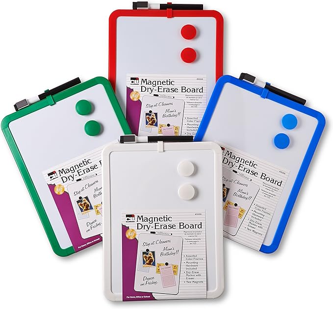 Charles Leonard Magnetic Dry Erase Boards - 8.5 x 11" Mini Whiteboards for Home, Office - Pack of 4 Personal White Board Sets Each Include Marker/Eraser & 2 Magnets - Assorted Colors (35204)