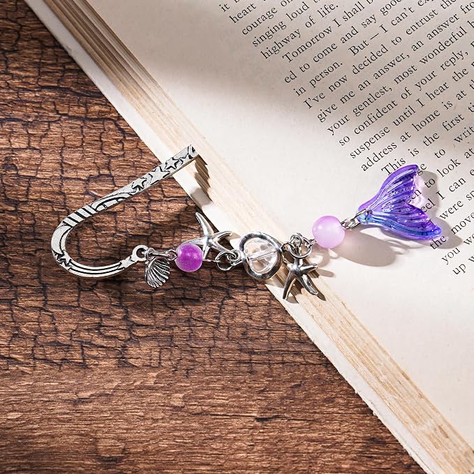 Fantasy Fish Tail Bookmark - Charm Purple Aesthetic Book Marks Cute Silver Chain Pendant Tassel Metal Bookmarks Reading Women Girls Kids Students Teachers Thank Valentines Gift Accessories