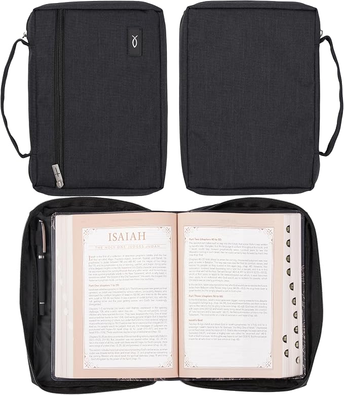 Christian Art Gifts Polyester Bible Cover for Men & Women w/Jesus Fish Patch, Secure Zipper Pocket, Pen Loops, Easy Carry Book Case for Stationery, Accessories, Black, Medium