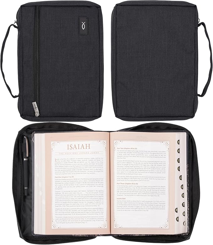 Christian Art Gifts Polyester Bible Cover for Men & Women w/Jesus Fish Patch, Secure Zipper Pocket, Pen Loops, Easy Carry Book Case for Stationery, Accessories, Black, Small