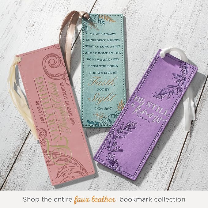Christian Art Gifts Pink & Gold Faux Leather Premium Bible Verse Bookmark for Women: Everything Through Christ - Philippians 4:13 Inspirational Scripture w/Satin Ribbon, Cute, Sturdy, Floral Debossed