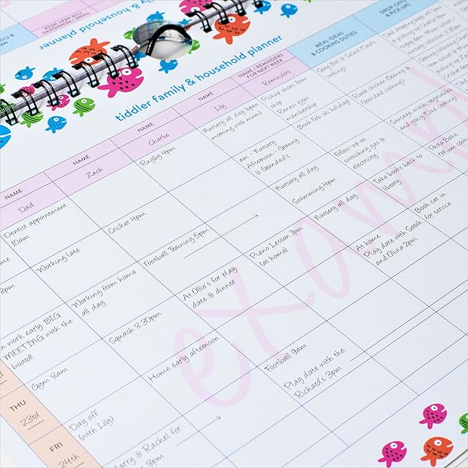 tiddler family & household planner | Undated Weekly Family Organizer/Planner Calendar | Clever Layout in A4 Size (11.7" x 8.3") | Space For 6 People & 1 Years Planning | Features (Friendly Fish)