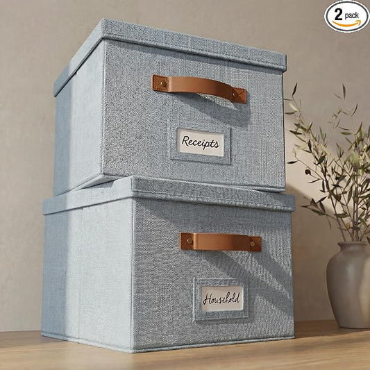Decorative File Organizer Box Set of 2 - Collapsible Linen Filing Cabinets with Handles Are Perfect to Store All Your Documents & Hanging File Folders - Portable Easy Slide Office Crates with Lid