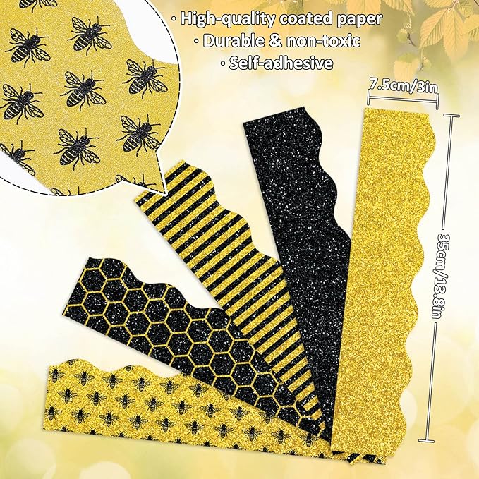 Whaline 69Ft Summer Glitter Bulletin Board Borders 5 Designs Yellow Black Bee Theme Decoration Trim Bee Bulletin Board Stickers for School Classroom Office Bee Party Decoration