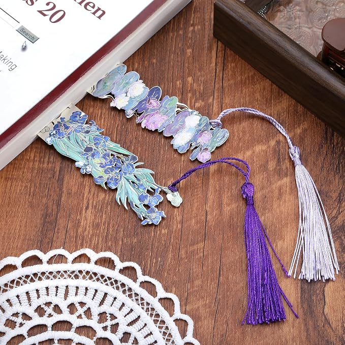 2 Metal Bookmarks with Tassel, Oil Painting Water Lilies and Irises