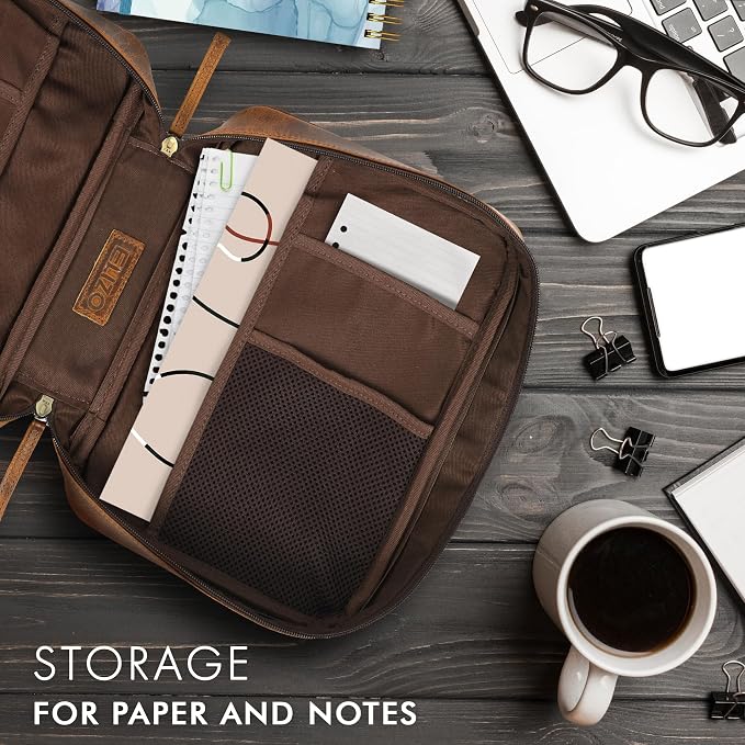 ELIZO Leather Bible Cover for Men Bible Case Women Holder Carrying Organizer Wrap Sleeve Protector Christian Religious Gift Cross Bookmark – Large Antique Brown