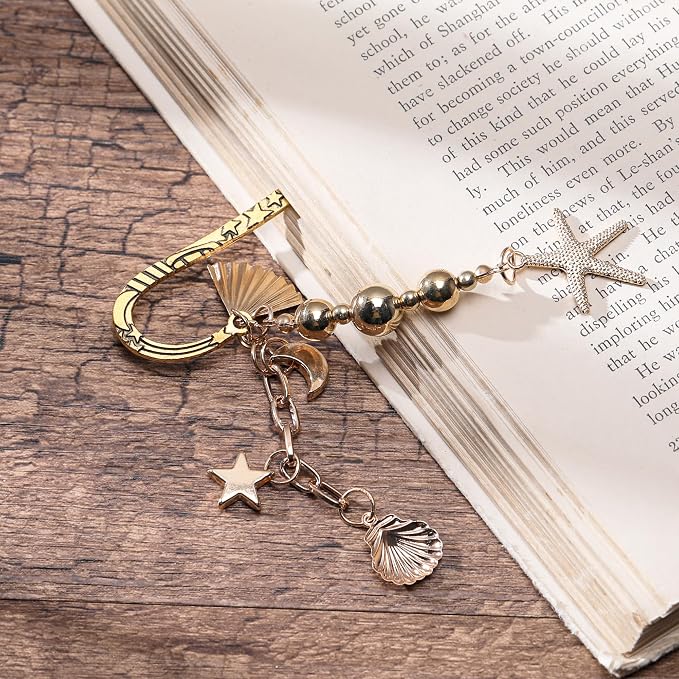 Charm Metal Bookmark Gifts - Seashell Starfish Book Marks for Reading Women Girls Funny Gold Y2k Beads Aesthetic Page Marker for Sea Ocean Lovers Birthday Students Teachers School Supplies