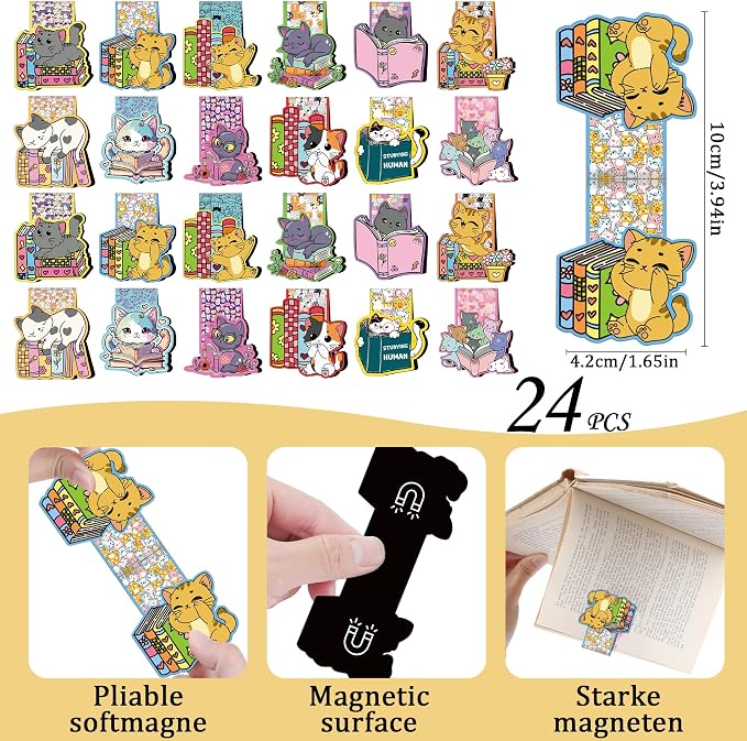 Cute Cat Magnetic Bookmarks - 24 Pcs Funny Bookish Magnet Book Marks Bulk Cartoon Animal Page Markers Clips Reading Women Bookish Lovers Student Teacher School Accessories Birthday Gifts