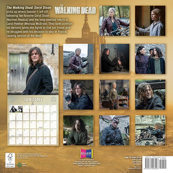 The Walking Dead: Daryl Dixon 2026 Wall Calendar, 12-Month TV Series Horror & Pop Culture Calendar, 12" x 12", 2026 Wall Planner and Organizer with Large Grids for Home and Office